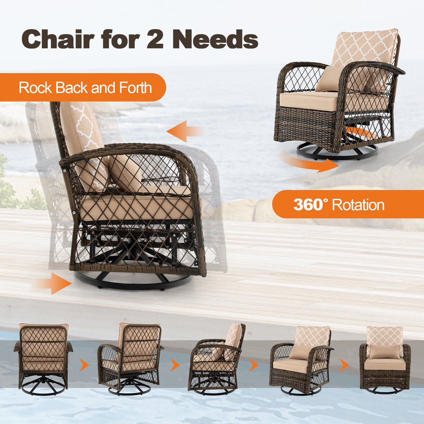 3-Piece Patio Wicker Swivel Rocker Set with Tempered Glass Coffee Table-Beige