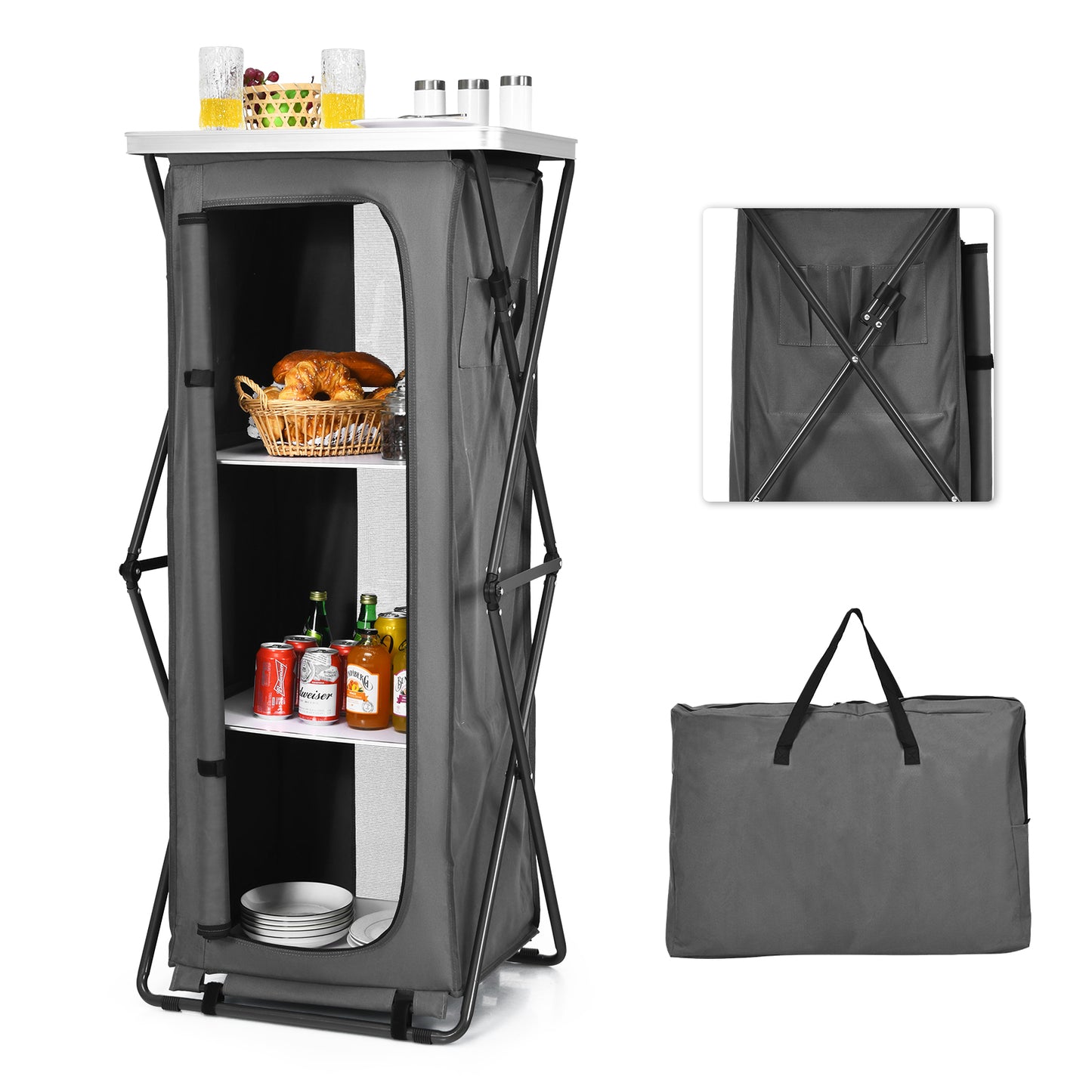 3-Tier Folding Camping Storage Cabinet with Side Pockets and Carry Bag-XL