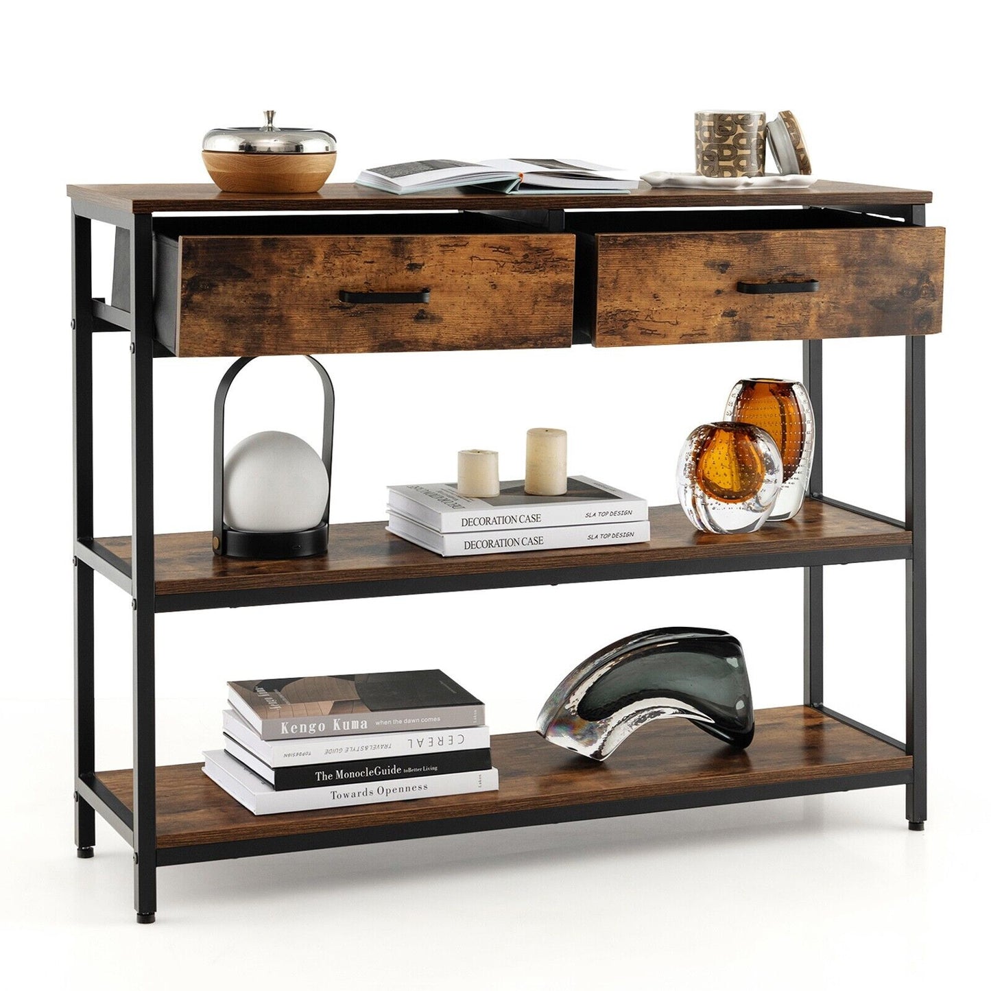3-Tier Industrial Wooden Console Table with 2 Folding Fabric Drawers-Rustic Brown