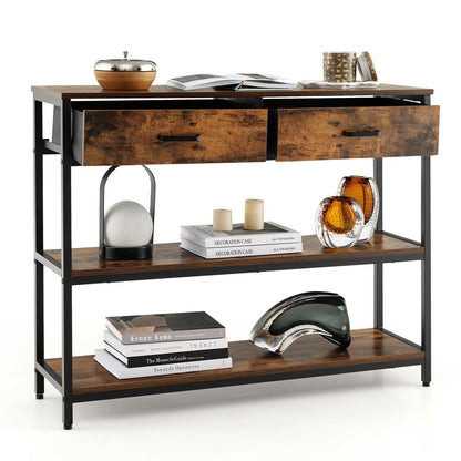 3-Tier Industrial Wooden Console Table with 2 Folding Fabric Drawers-Rustic Brown
