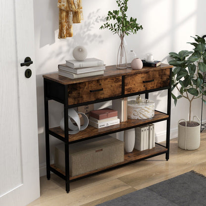 3-Tier Industrial Wooden Console Table with 2 Folding Fabric Drawers-Rustic Brown