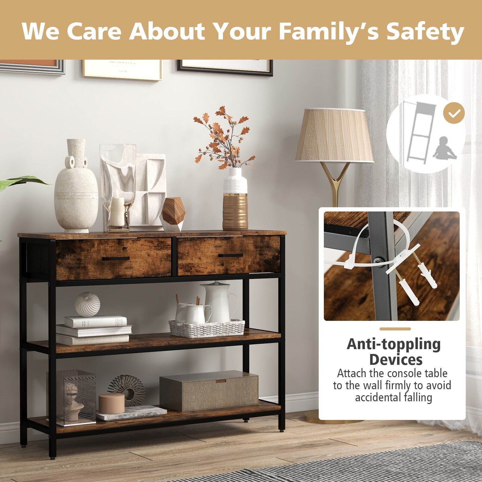 3-Tier Industrial Wooden Console Table with 2 Folding Fabric Drawers-Rustic Brown