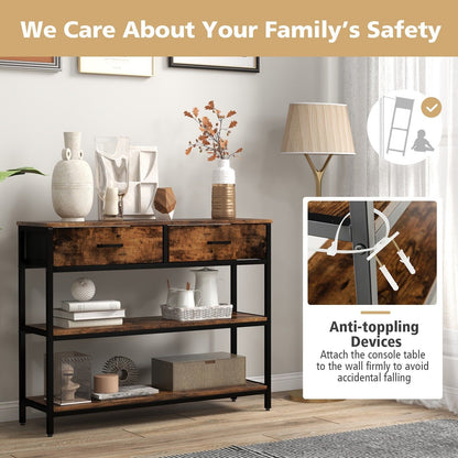 3-Tier Industrial Wooden Console Table with 2 Folding Fabric Drawers-Rustic Brown