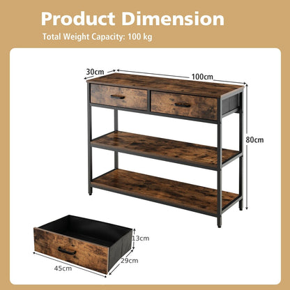3-Tier Industrial Wooden Console Table with 2 Folding Fabric Drawers-Rustic Brown