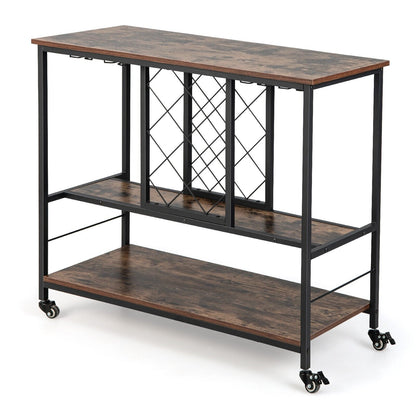 3-Tier Industrial Rolling Bar Cart with Wine Rack and Glass Holder-Rustic Brown