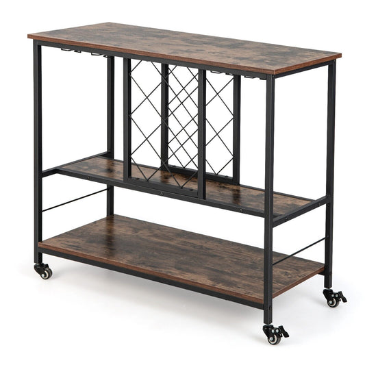 3-Tier Industrial Rolling Bar Cart with Wine Rack and Glass Holder-Rustic Brown