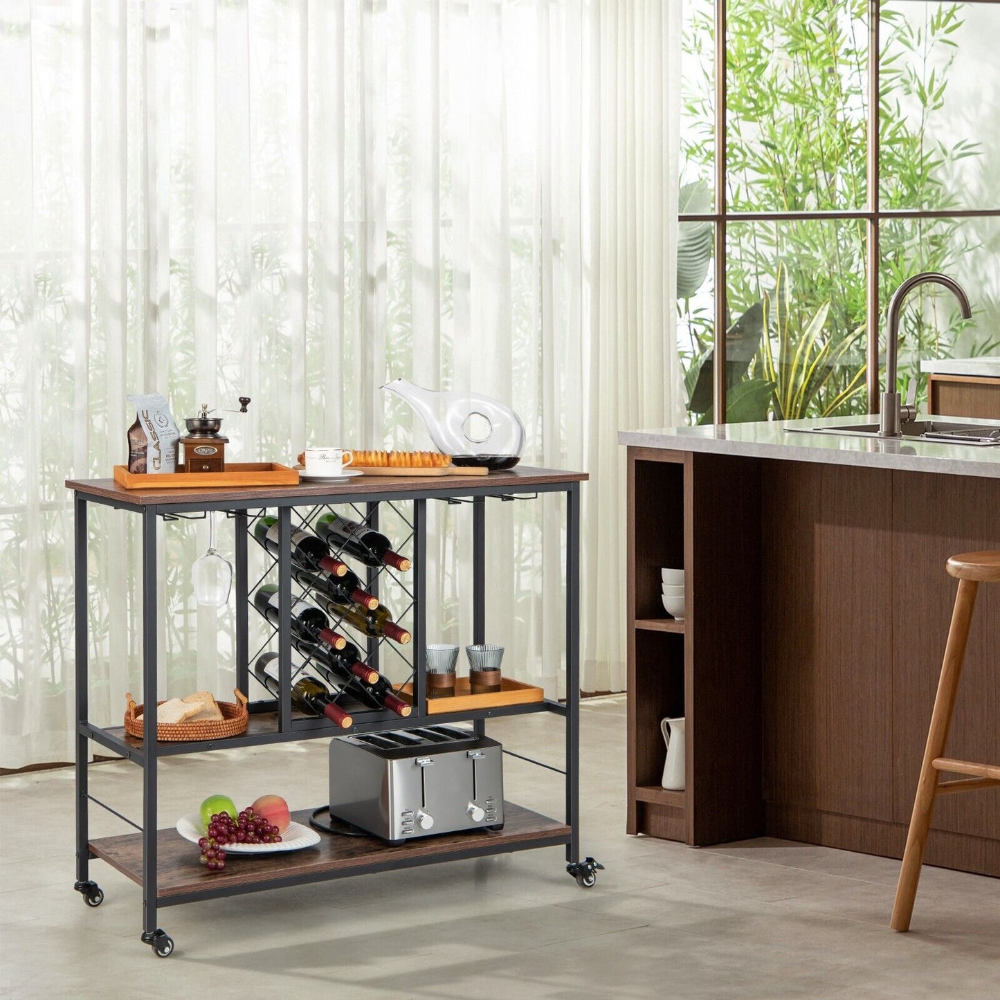 3-Tier Industrial Rolling Bar Cart with Wine Rack and Glass Holder-Rustic Brown