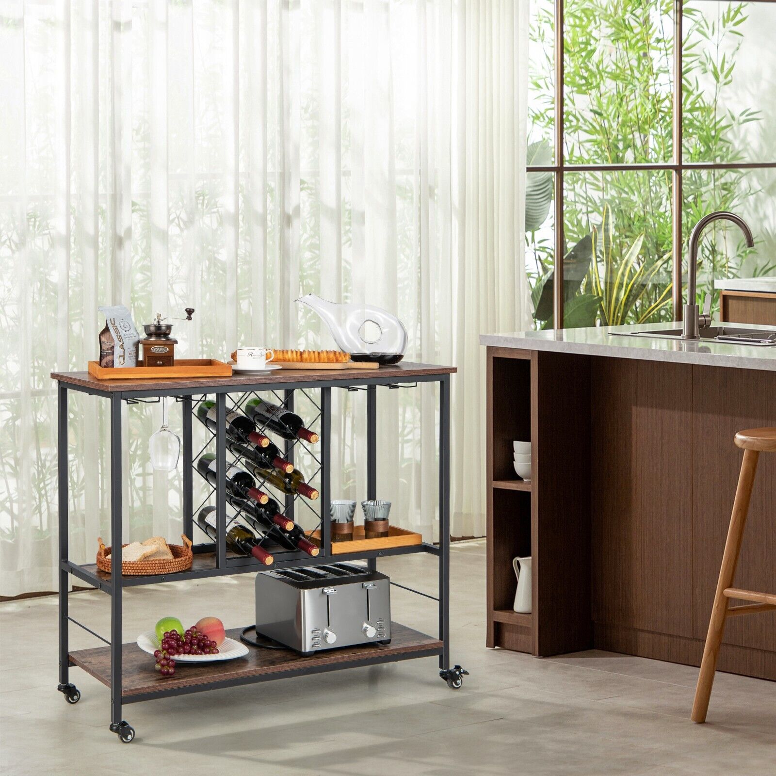 3-Tier Industrial Rolling Bar Cart with Wine Rack and Glass Holder-Rustic Brown