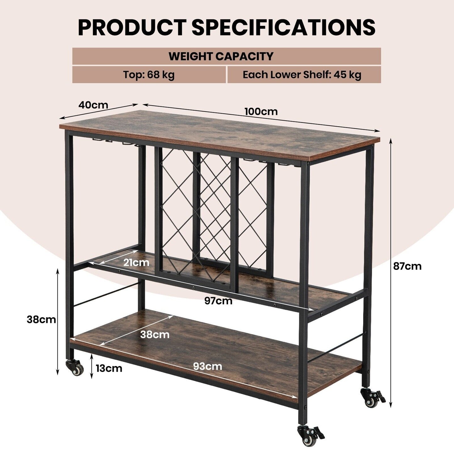 3-Tier Industrial Rolling Bar Cart with Wine Rack and Glass Holder-Rustic Brown