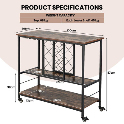 3-Tier Industrial Rolling Bar Cart with Wine Rack and Glass Holder-Rustic Brown