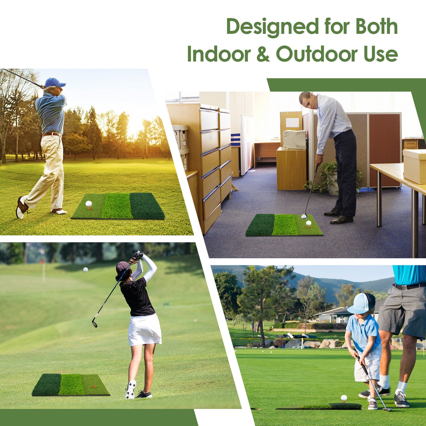 3-in-1 Golf Hitting Mat with Realistic Synthetic Turf and 2 Tee Holder