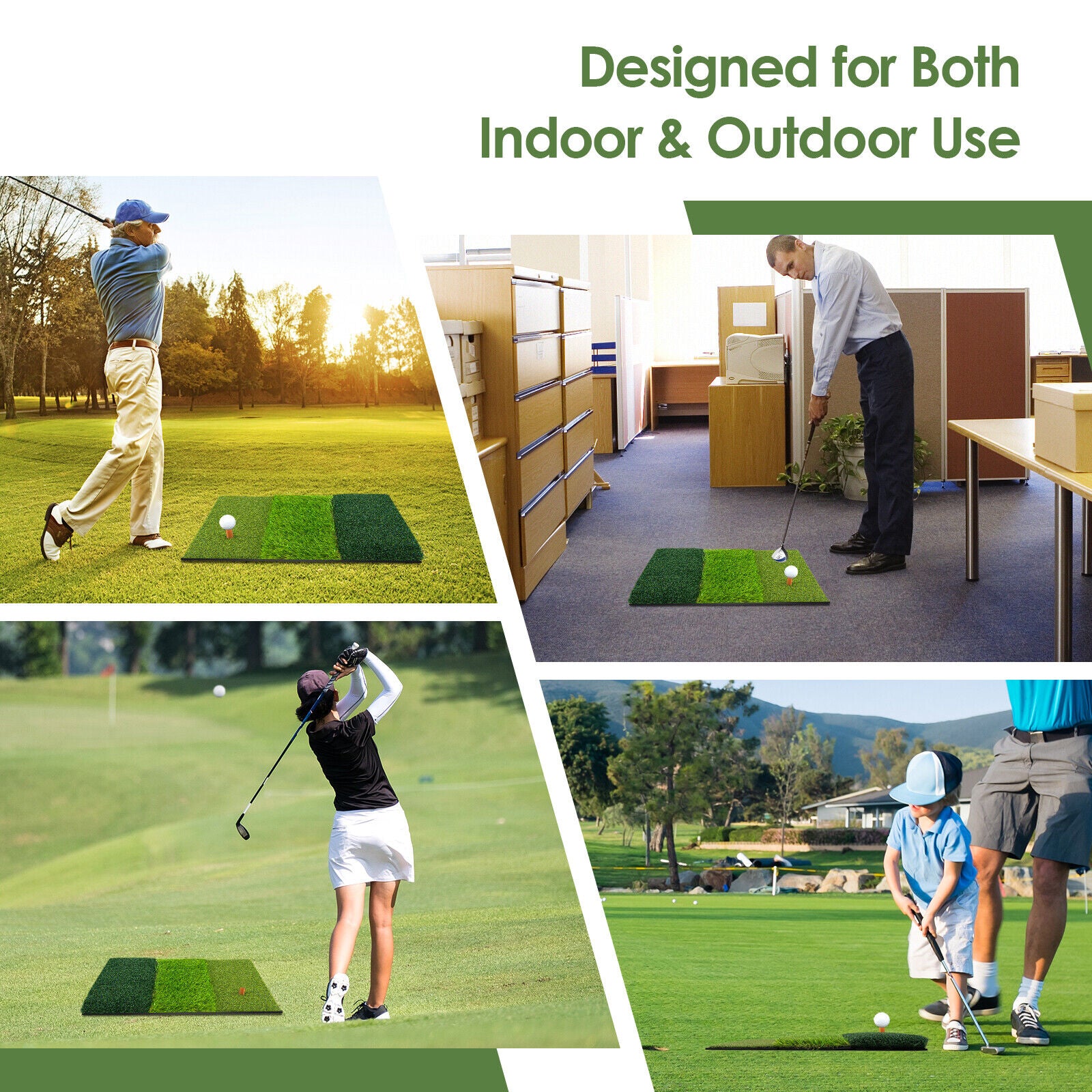 3-in-1 Golf Hitting Mat with Realistic Synthetic Turf and 2 Tee Holder