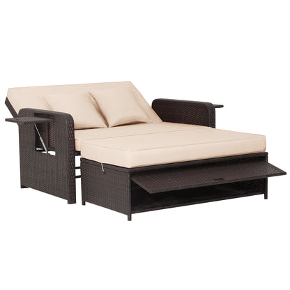 Patio Wicker Loveseat Sofa with Multipurpose Ottoman and Retractable Side Tray-Beige