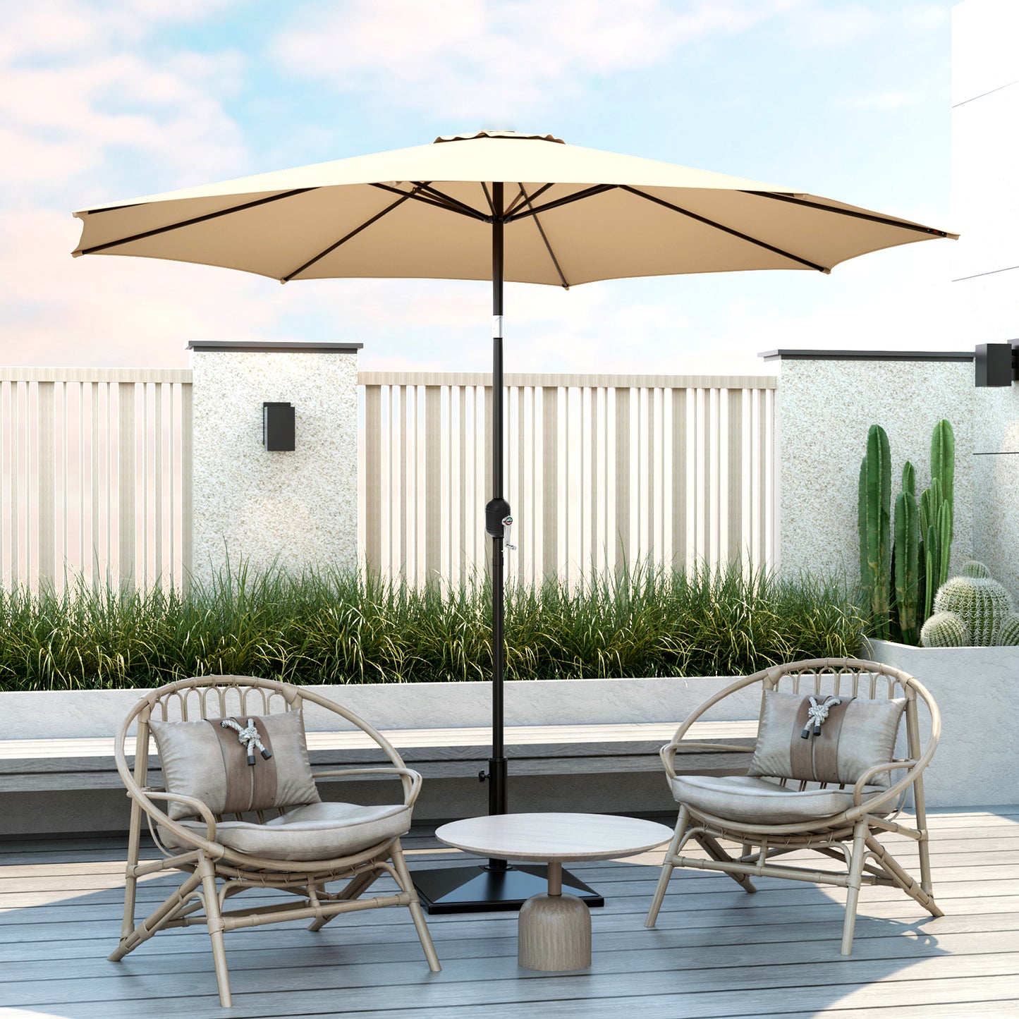 300cm Patio Umbrella with Push Button Tilt Crank Handle and 8 Sturdy Ribs-Beige