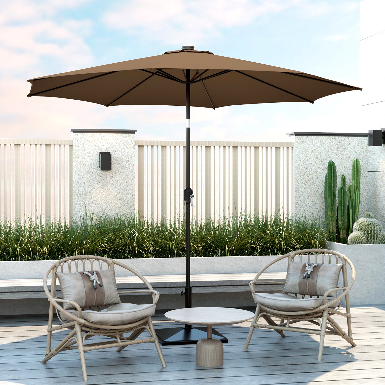 300cm Patio Umbrella with Push Button Tilt Crank Handle and 8 Sturdy Ribs-Brown