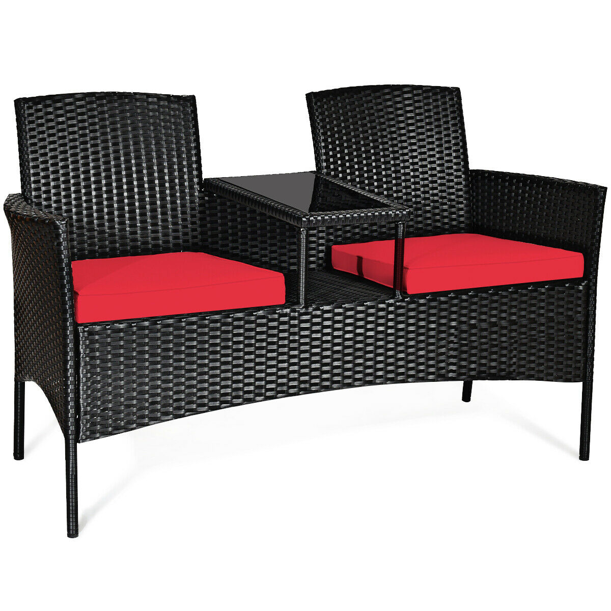Rattan Red Cushioned Loveseat with Glass Table