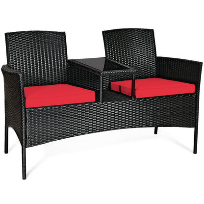 Rattan Red Cushioned Loveseat with Glass Table