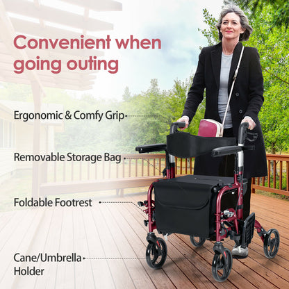 2-In-1 Rollator Walker with Reversible Backrest and Height-Adjustable Handle-Red