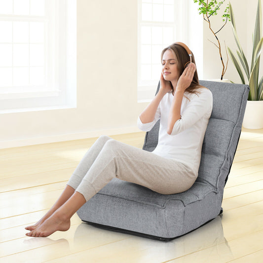 Folding Lazy Floor Chair with 5-Position Adjustable Head and Side Pocket-Grey