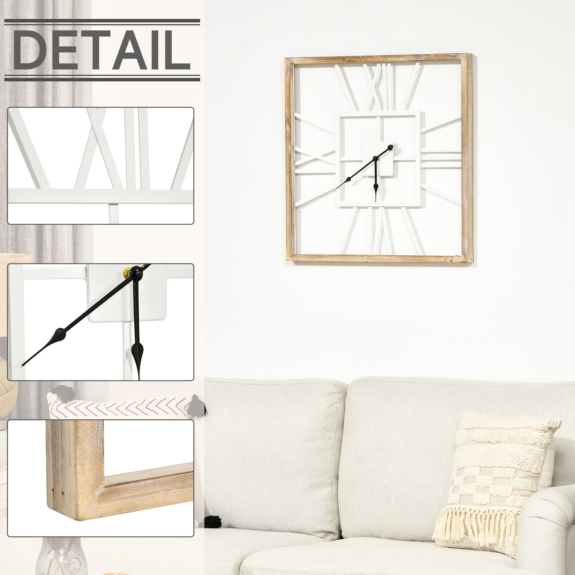 HOMCOM Vintage Large Wall Clock with Roman Numerals, 60cm/24 Inch Silent Non Ticking Metal Wood Clocks for Living Room Kitchen, Distressed White