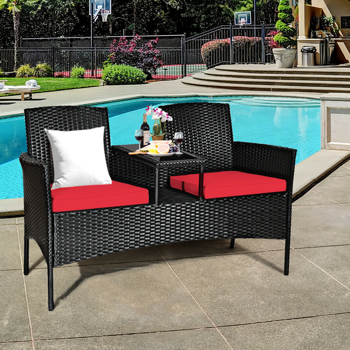 Rattan Red Cushioned Loveseat with Glass Table
