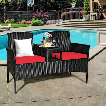 Rattan Red Cushioned Loveseat with Glass Table