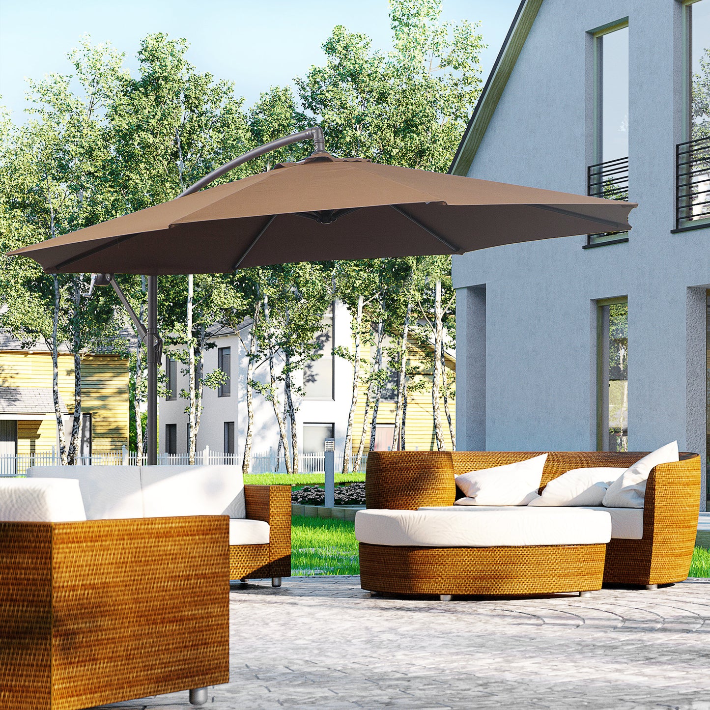 Outsunny 2.45m Overhanging Cantilever Parasol, Heavy Duty Waterproof Garden Umbrella with Cross Base, Brown