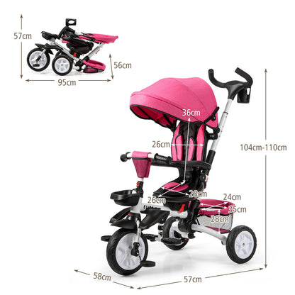 Folding Toddler Tricycle Travel System with 360° Seat and Parent Handle-Pink