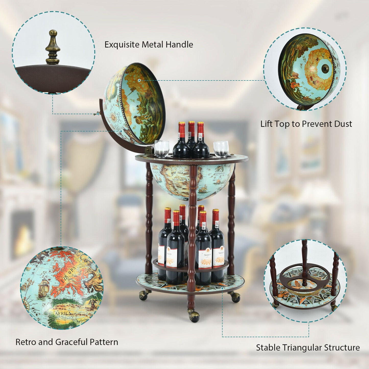 Retro Globe Drinks Cabinet With Map Patterns on Wheels
