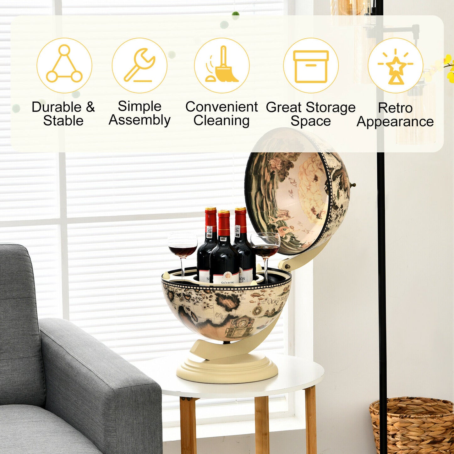 Tabletop Retro Globe Bar with Map Patterns-Cream