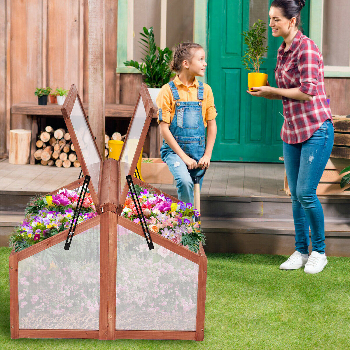 Planter Box Protection Wooden Greenhouse Garden Planter Box with Transparent Protection ...