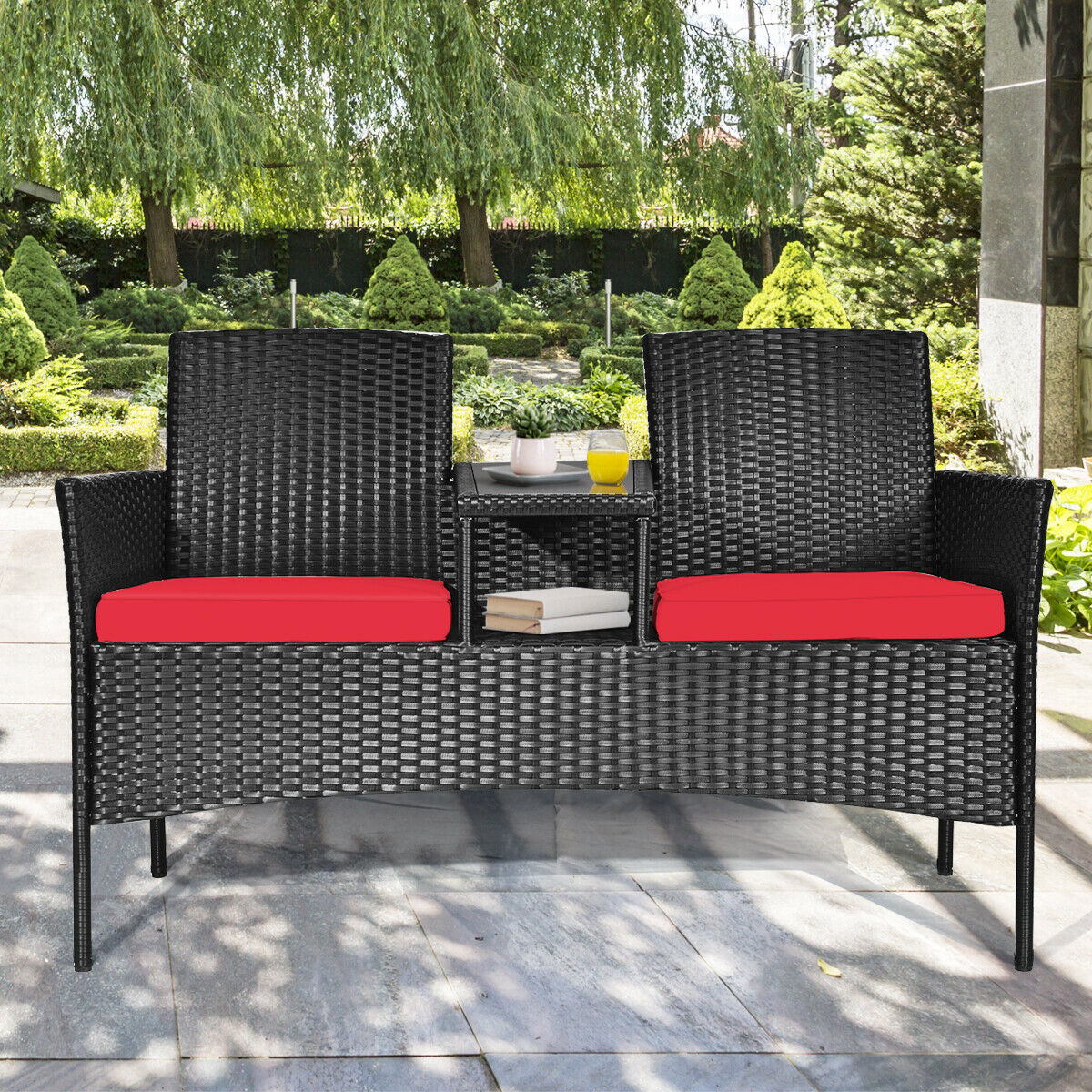 Rattan Red Cushioned Loveseat with Glass Table