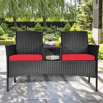 Rattan Red Cushioned Loveseat with Glass Table