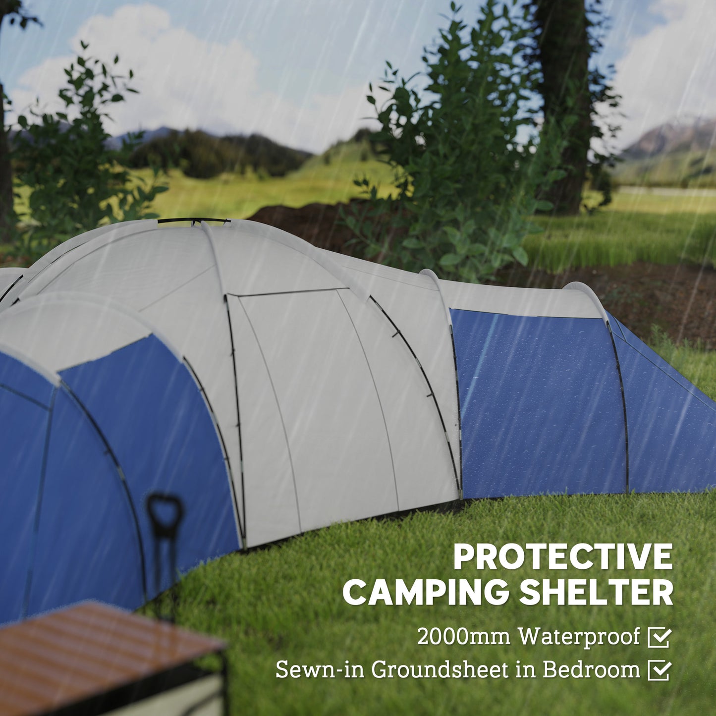 Outsunny 6-9 Man Tent with Bedrooms and Living Room, Accessories Included, Blue