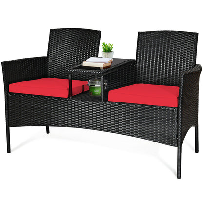 Rattan Red Cushioned Loveseat with Glass Table