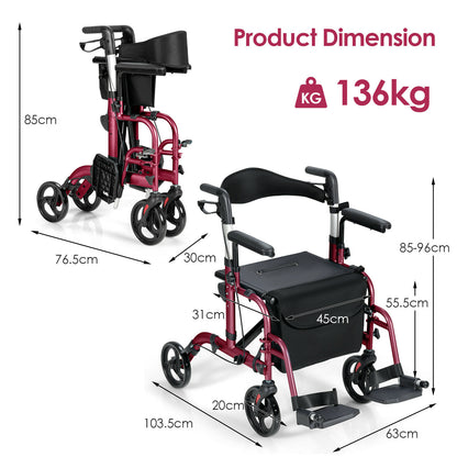 2-In-1 Rollator Walker with Reversible Backrest and Height-Adjustable Handle-Red