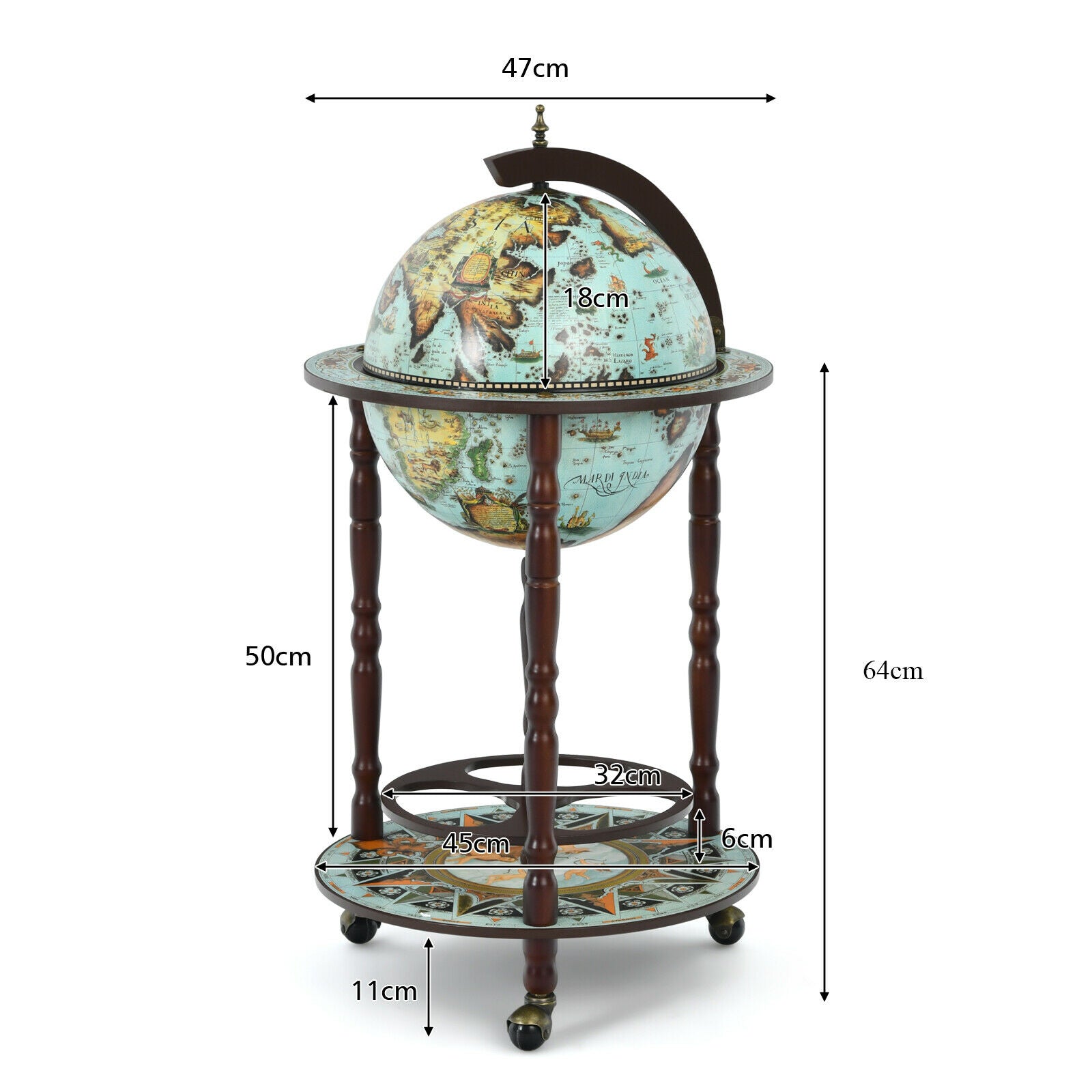 Retro Globe Drinks Cabinet With Map Patterns on Wheels