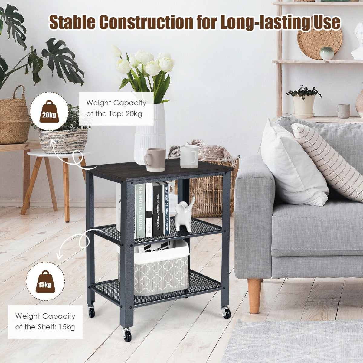 3 Tier Kitchen Utility Trolley with Wheels-Grey