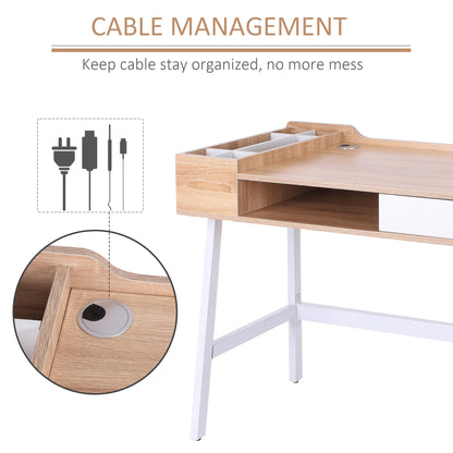 HOMCOM Computer Writing Desk Workstation with Drawer, Storage Compartments, Cable Management, Laptop Table Metal Frame Oak and White