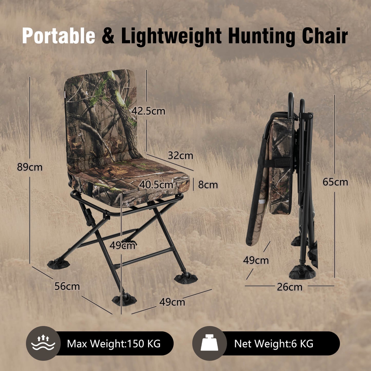 360° Swivel Folding Silent Hunting Chair with Padded Seat and Backrest-Camouflage