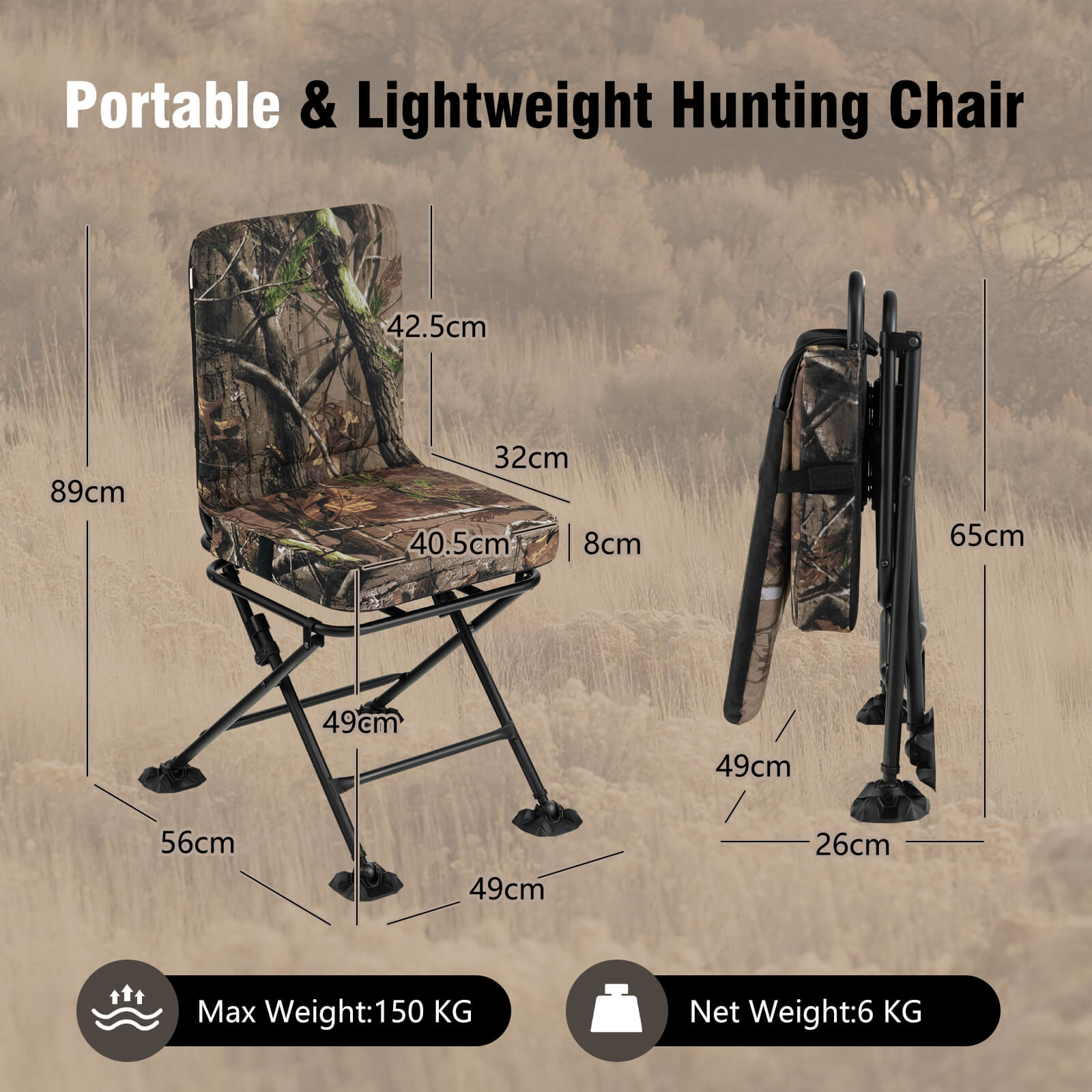 360° Swivel Folding Silent Hunting Chair with Padded Seat and Backrest-Camouflage