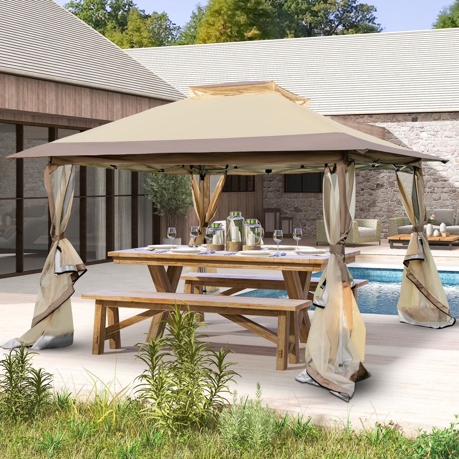 Pop up Gazebo with Vented Top and Portable Canopy Shelter-with Mesh Netting