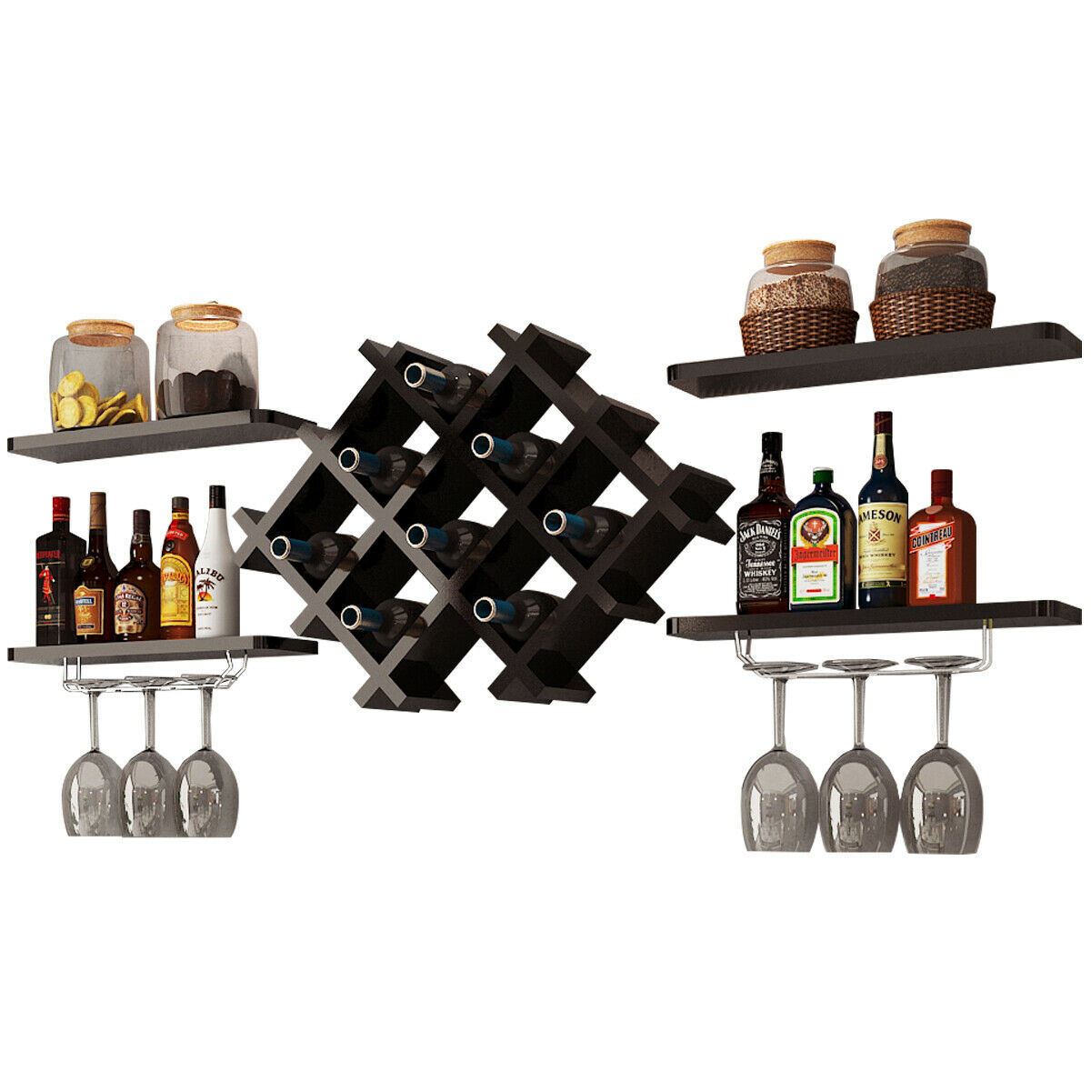 Floating Wall Mounted Wine Rack with Four Separate Shelves, 2 with Glass Storage-Black
