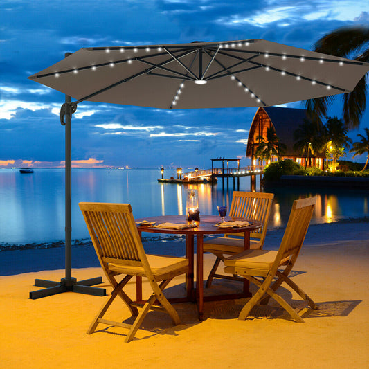 3M Outdoor Parasol Patio Cantilever Umbrella with Solar Lights-Coffee