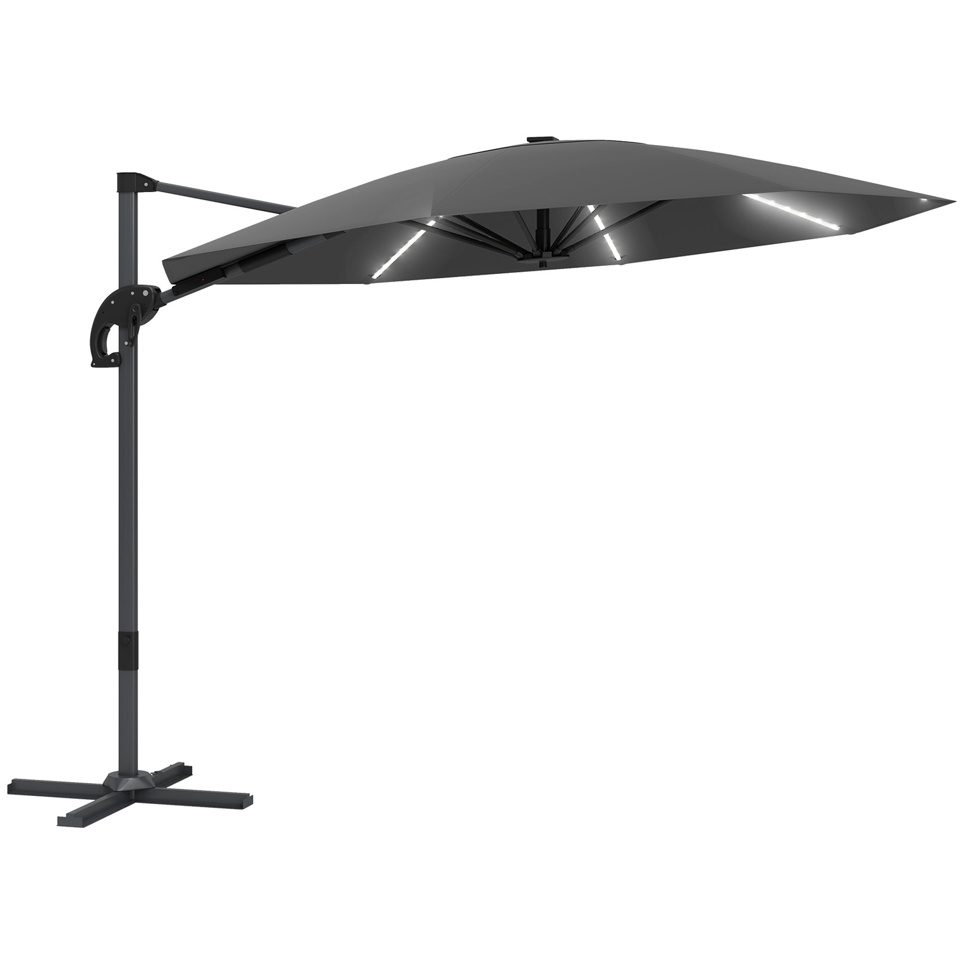 Outsunny 3(m) Cantilever Garden Parasol with Solar Powered Lights, Crank Handle & Cross Base, UPF 50+, 360° Rotation, Dark Grey