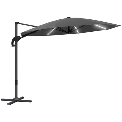 Outsunny 3(m) Cantilever Garden Parasol with Solar Powered Lights, Crank Handle & Cross Base, UPF 50+, 360° Rotation, Dark Grey