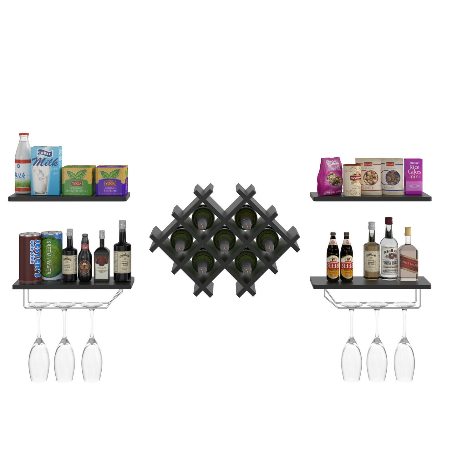 Floating Wall Mounted Wine Rack with Four Separate Shelves, 2 with Glass Storage-Black