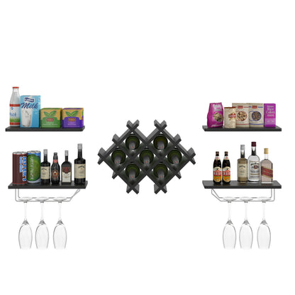 Floating Wall Mounted Wine Rack with Four Separate Shelves, 2 with Glass Storage-Black