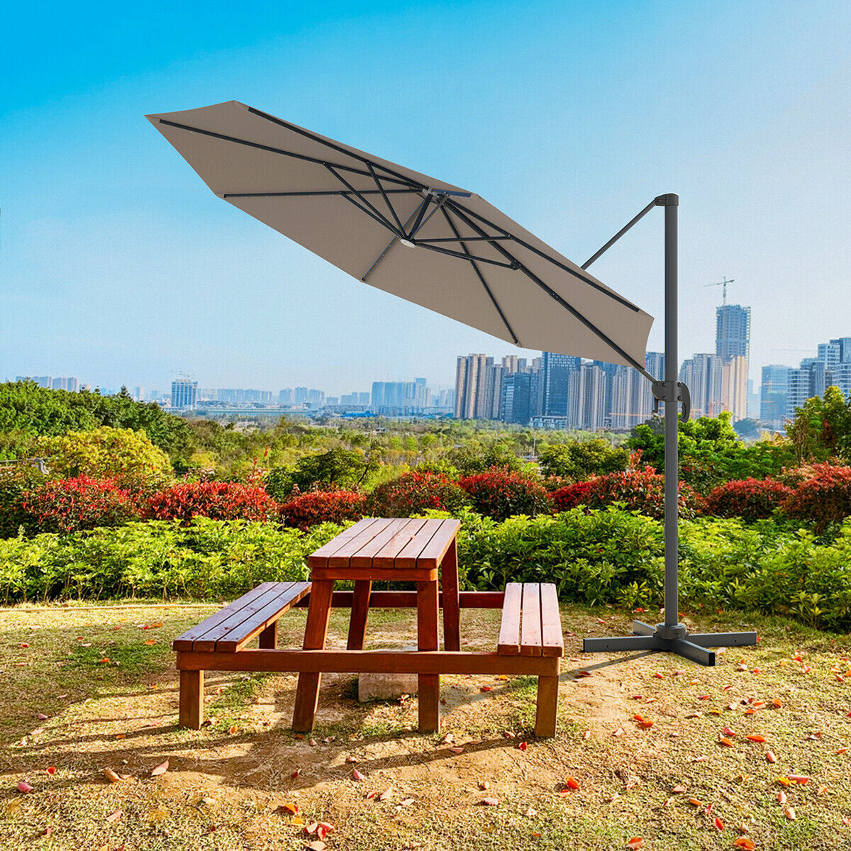 3M Outdoor Parasol Patio Cantilever Umbrella with Solar Lights-Coffee