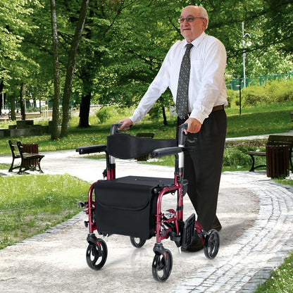 2-In-1 Rollator Walker with Reversible Backrest and Height-Adjustable Handle-Red